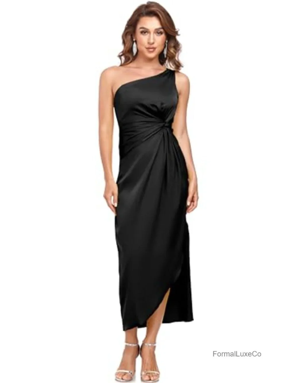 Satin One Shoulder Midi Dress Twist Front Backless Party Cocktail